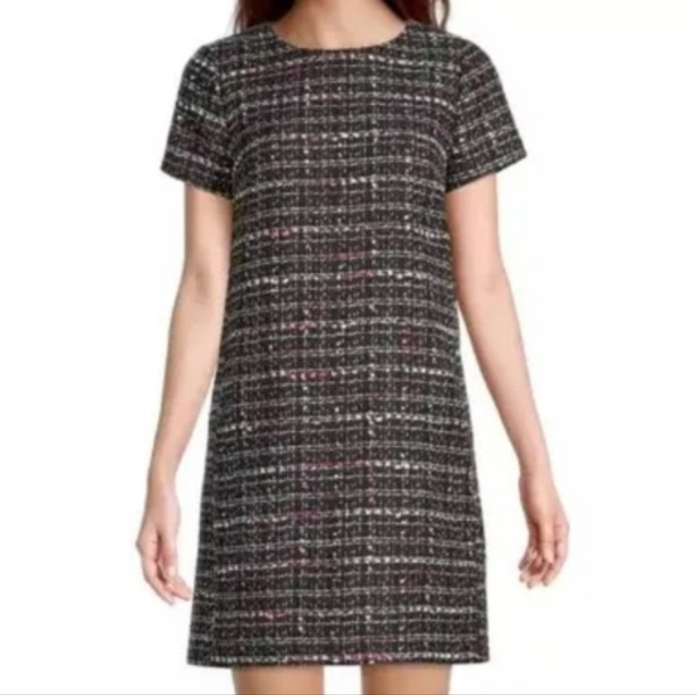 Loft Outlet Black Pink White Tweed Short Sleeve Shift‎ Dress Size 8